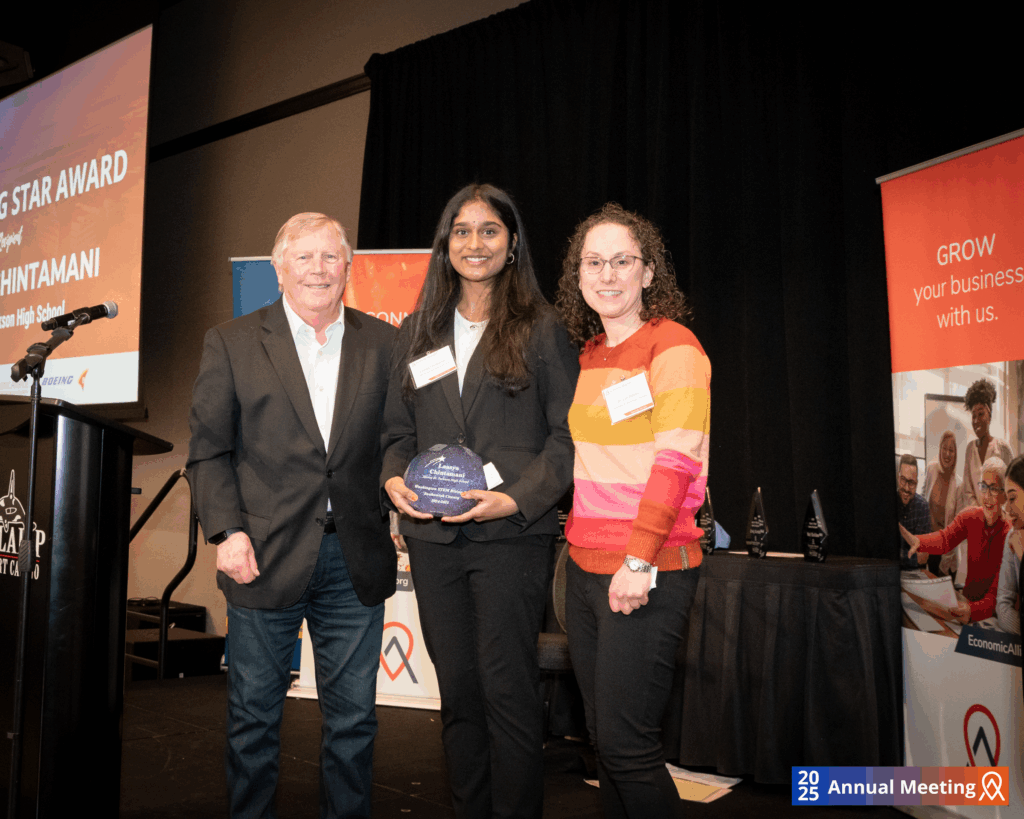 Laasya Chintamani receiving the 2024-2025 STEM Rising Star Award at the Economic Alliance Snohomish County Annual Event.